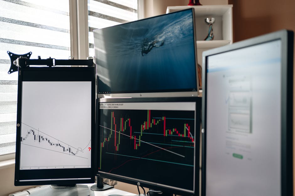 A trading desk with screens showing technical analysis charts and graphs.