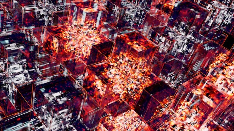 Futuristic city skyline with digital elements and blockchain motifs.
