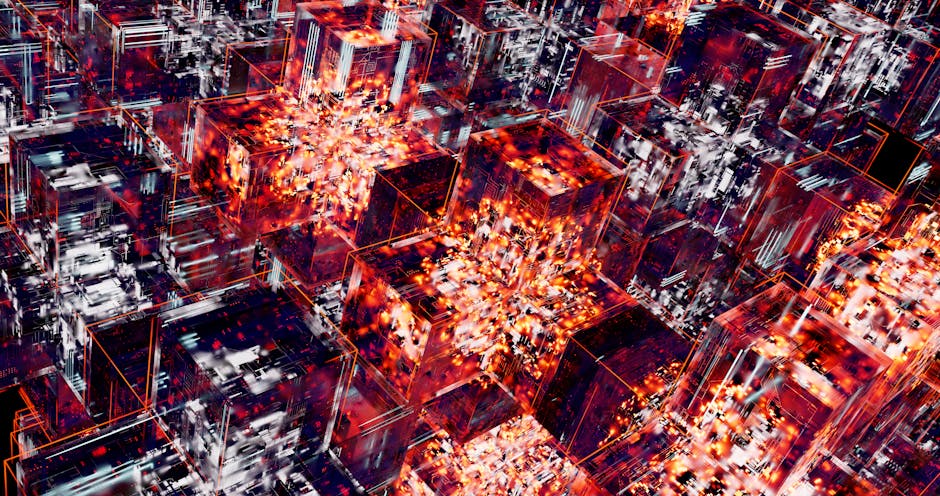 Futuristic city skyline with digital elements and blockchain motifs.