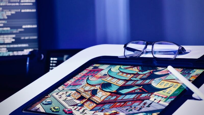 A digital workspace with a computer and creative tools for 3D modeling.
