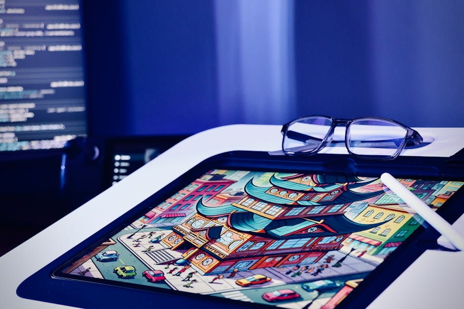 A digital workspace with a computer and creative tools for 3D modeling.