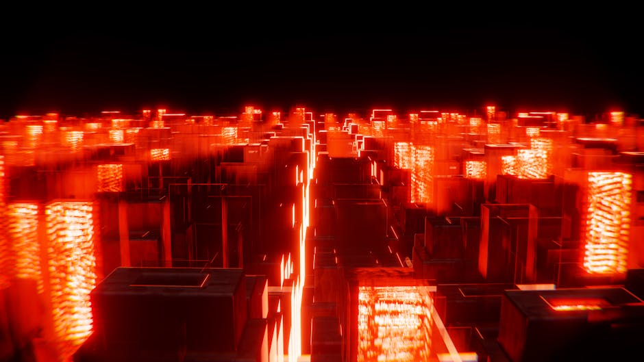 Futuristic city skyline with neon lights and advanced architecture.