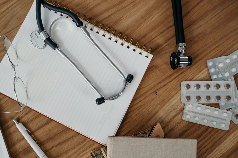 A tranquil medical consultation room with a stethoscope and notepad.