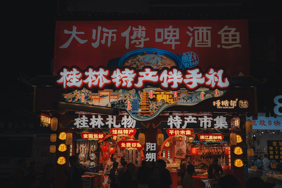 A lively Asian street market with colorful stalls and engaged shoppers.