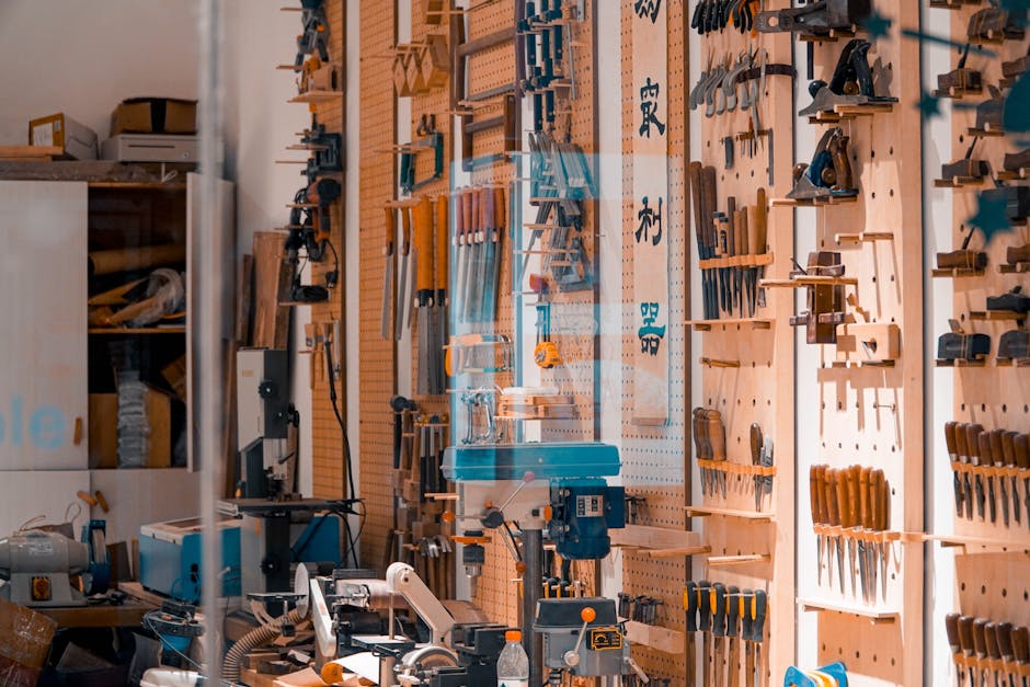 A peaceful woodworking workshop with tools and soft lighting.