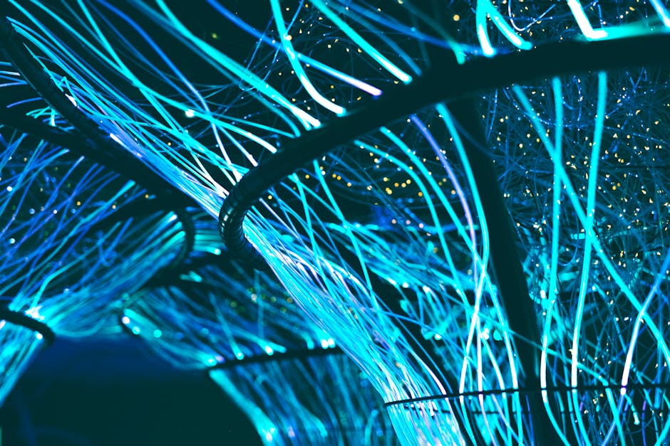 Abstract digital landscape with financial symbols and glowing lights.