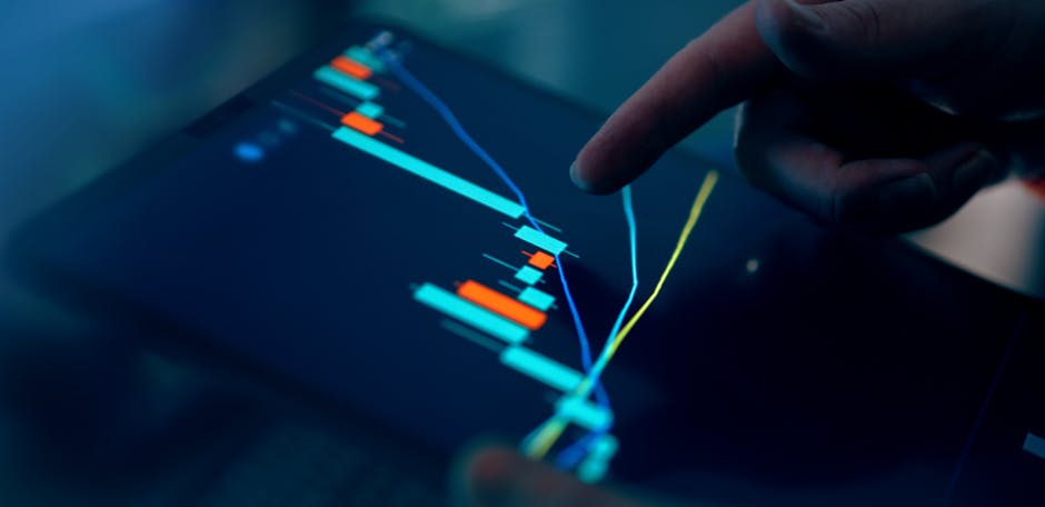 Futuristic digital interface with glowing graphs and abstract shapes.