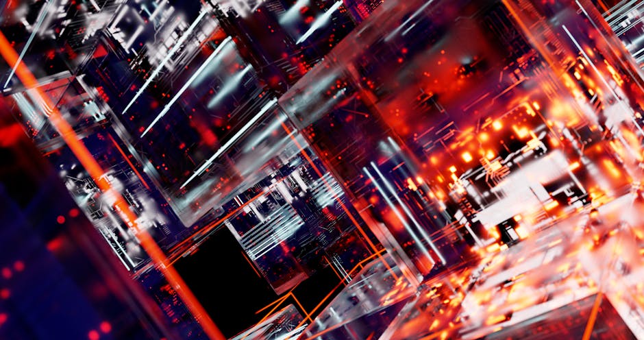 Futuristic digital interface with abstract shapes and glowing elements.