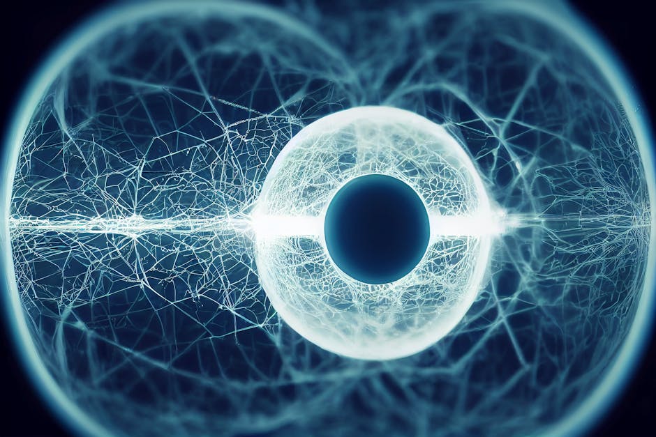 Abstract digital landscape with neural network patterns and glowing circuits.
