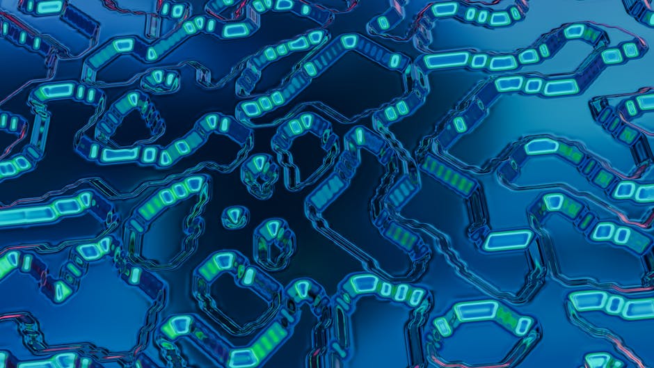 Abstract digital landscape with geometric shapes and glowing lines.