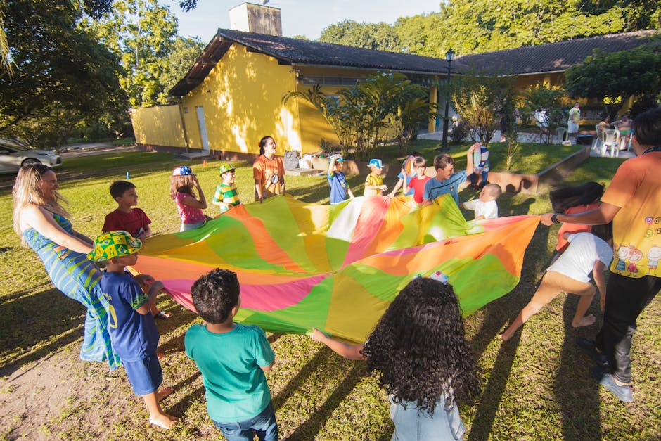 A lively park scene with people engaging in community activities.