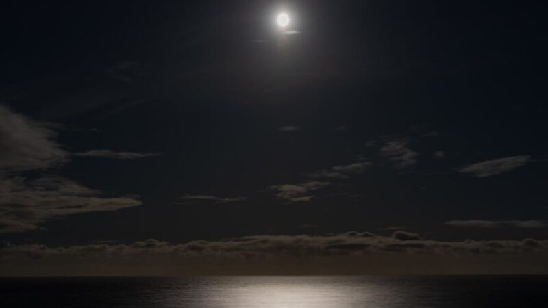 A tranquil night sky with a glowing full moon over calm water.