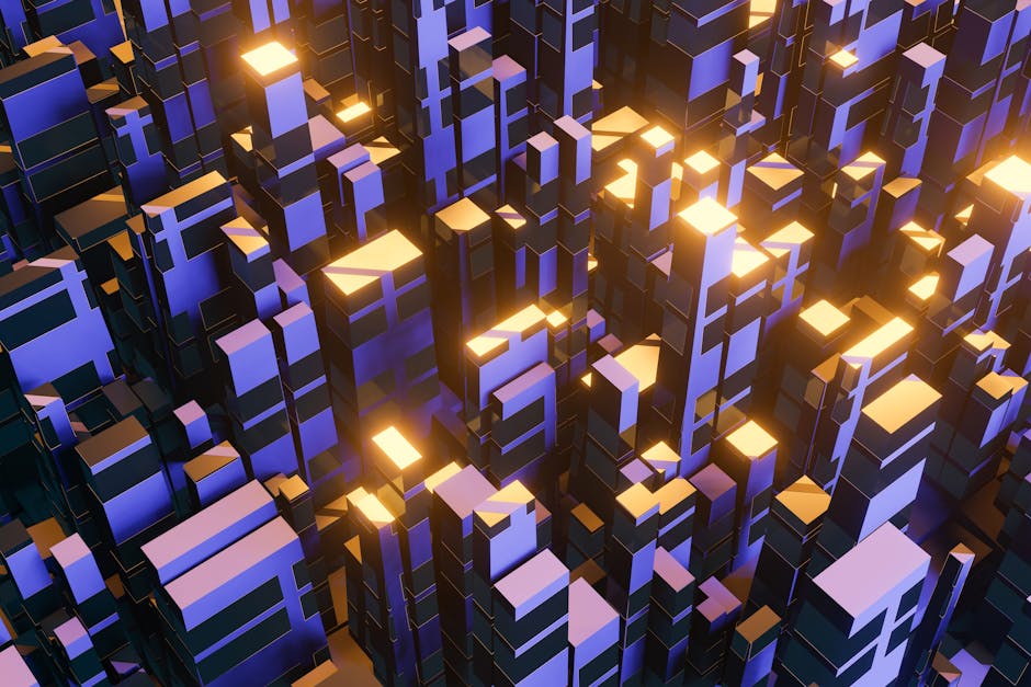 A vibrant city skyline at dusk with glowing skyscrapers and digital elements.