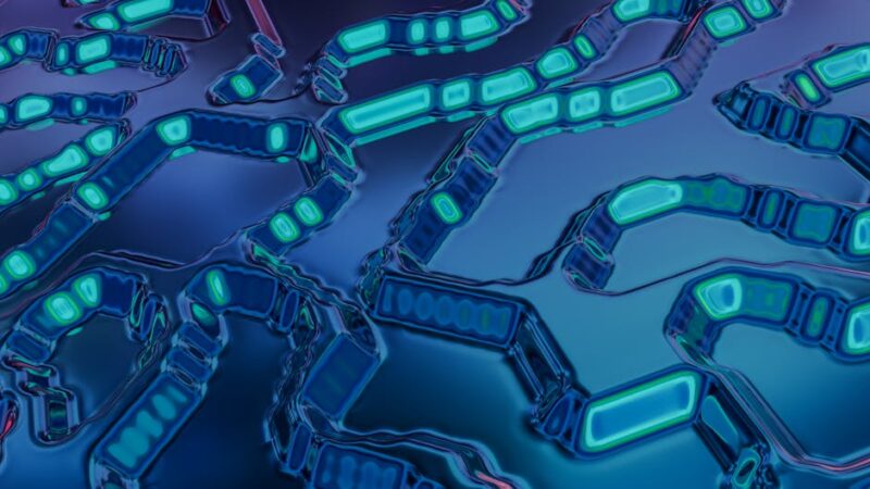 A modern digital workspace with abstract tech elements and glowing lines.