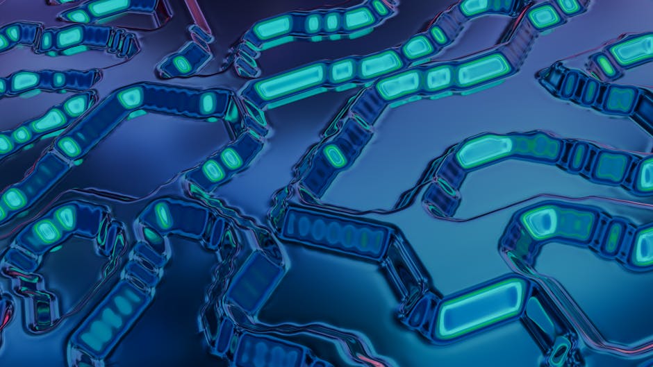 A modern digital workspace with abstract tech elements and glowing lines.