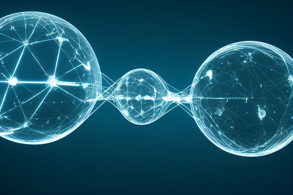 A digital network of interconnected nodes and lines in blue and green hues.