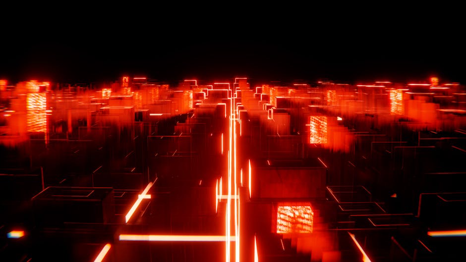 A skyline featuring glowing digital elements and abstract shapes at dusk.