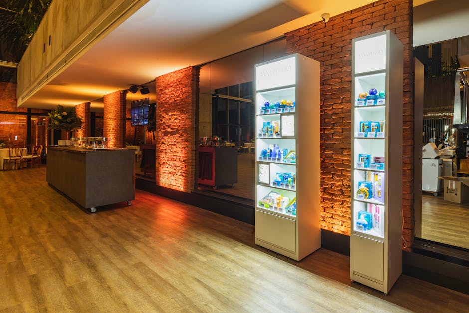 A colorful digital storefront with various product displays and soft lighting.
