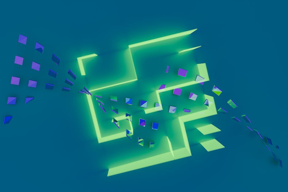 Abstract digital landscape with geometric shapes and glowing lights.