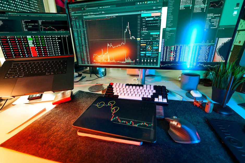 A modern trading desk with screens showing cryptocurrency charts and graphs.