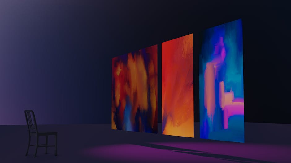 A contemporary art gallery showcasing colorful abstract digital artworks.