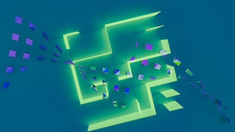 Abstract digital landscape with geometric shapes and vibrant colors.