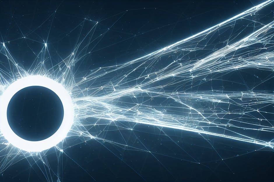 A network of glowing geometric shapes representing blockchain technology.