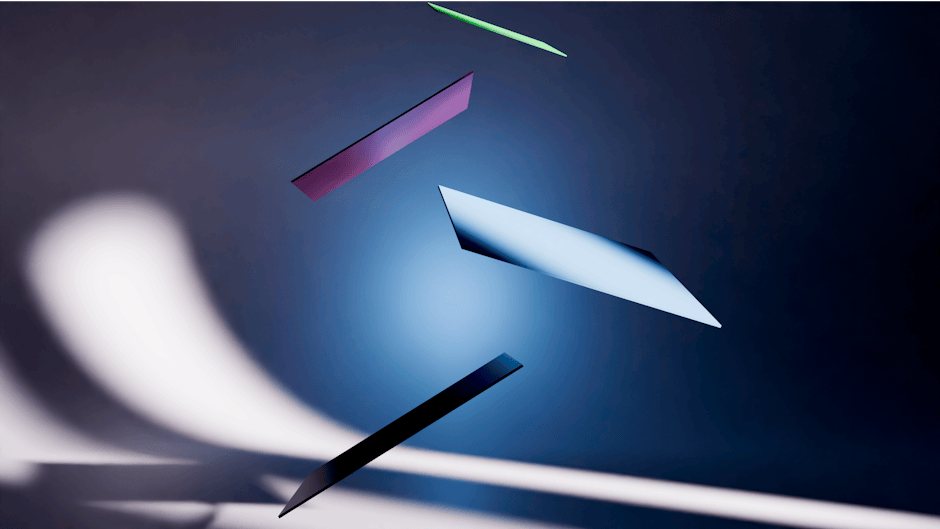 Abstract digital landscape with geometric shapes in blue and green hues.