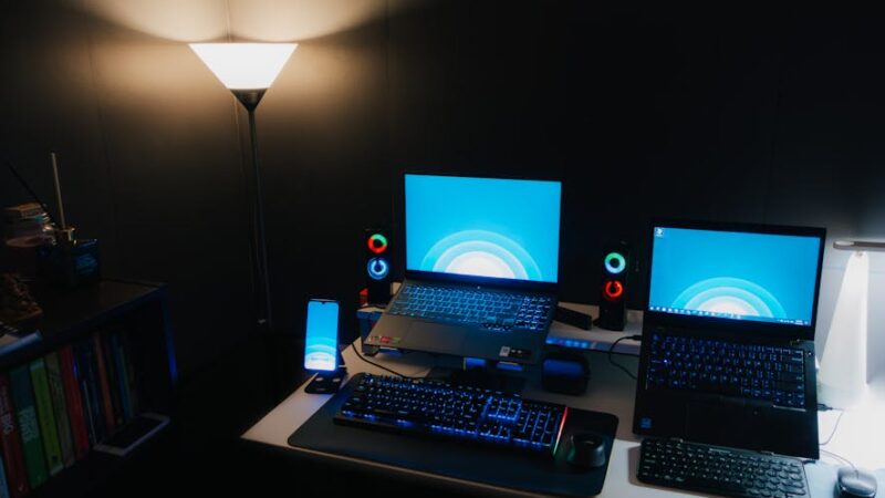 A modern workspace with a computer and creative tools illuminated by soft light.