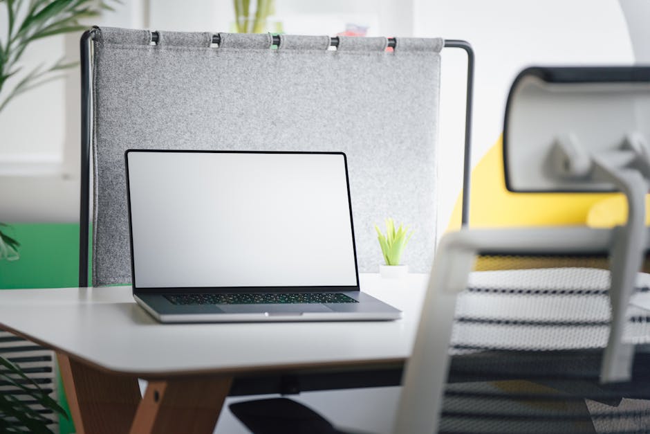 A modern workspace with a laptop, plants, and natural light.