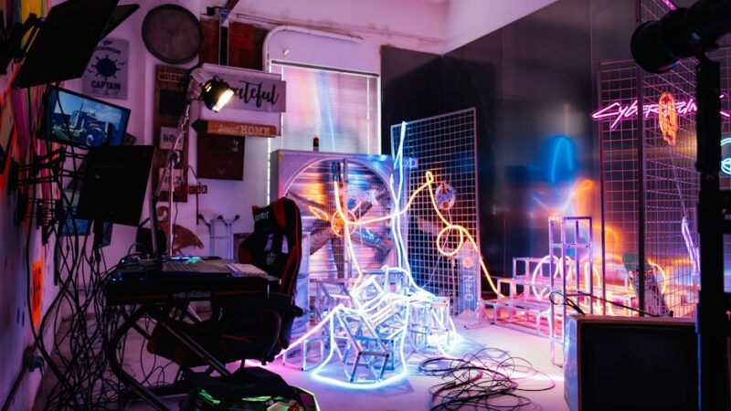 A colorful digital art studio with abstract shapes and tools.