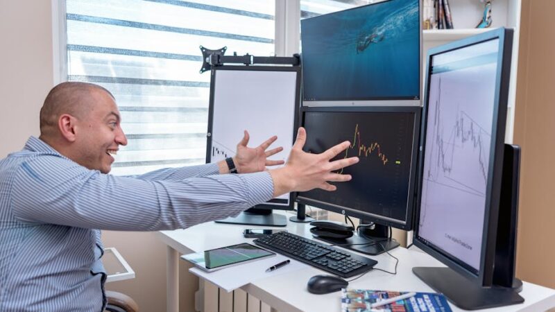 A modern trading desk with screens showing cryptocurrency charts and graphs.