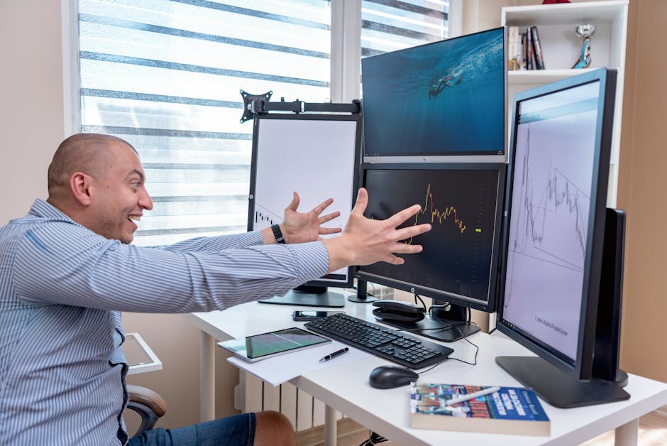A modern trading desk with screens showing cryptocurrency charts and graphs.