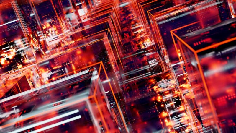 Futuristic cityscape with neon lights and digital reflections at dusk.