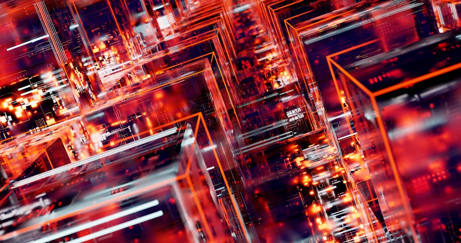 Futuristic cityscape with neon lights and digital reflections at dusk.