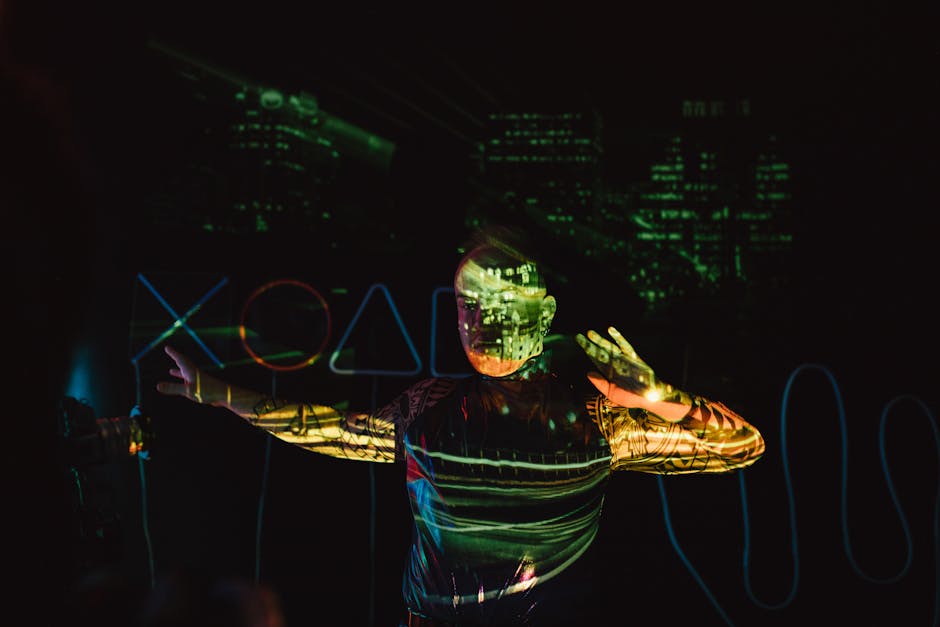 Futuristic city skyline with neon lights and abstract digital shapes