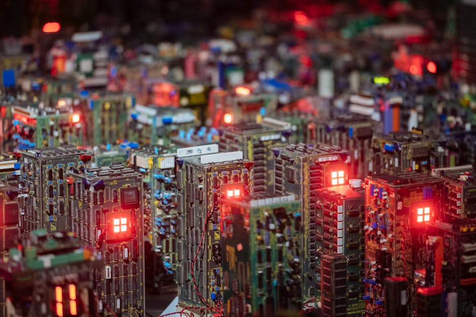 City skyline at dusk with digital currency symbols in architecture.