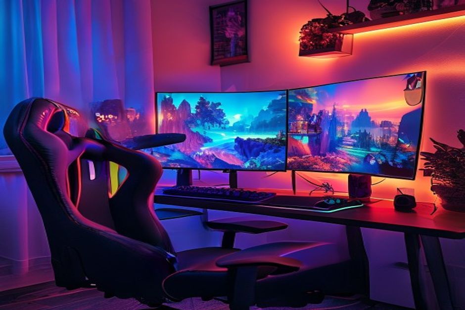 A colorful gaming setup with LED lights and a high-resolution monitor.